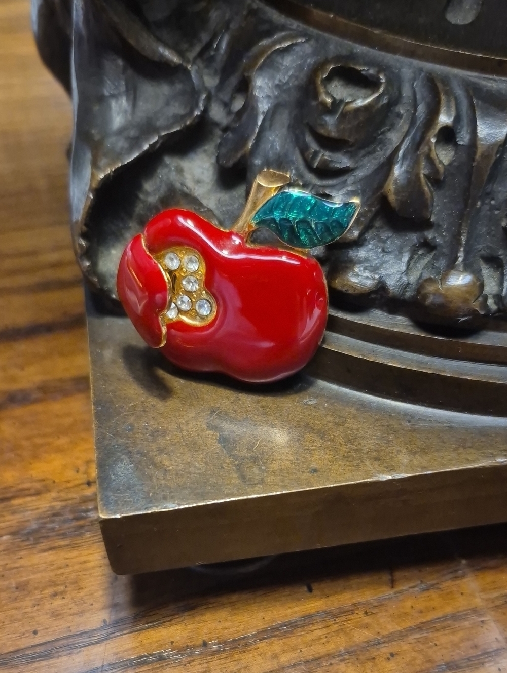 Vintage Red Apple Rhinestone Enamel Brooch with Green Leaf
